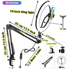 BROLAVIYA® Overhead Video Mobile Stand with 10 inch Ring Light, Metal Arm, 1/4" Male Adaptor for Camera, Gopro, Mobile Bracket for Video, Desktop, Bedroom, Office