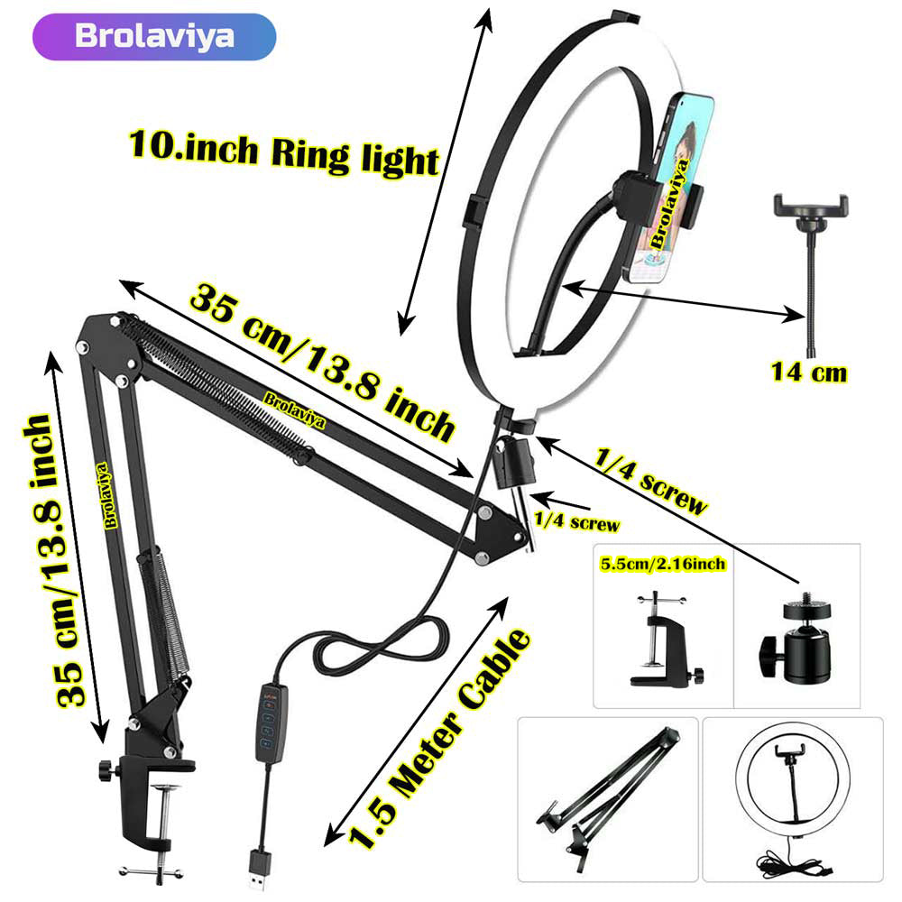 BROLAVIYA® Overhead Video Mobile Stand with 10 inch Ring Light, Metal Arm, 1/4" Male Adaptor for Camera, Gopro, Mobile Bracket for Video, Desktop, Bedroom, Office