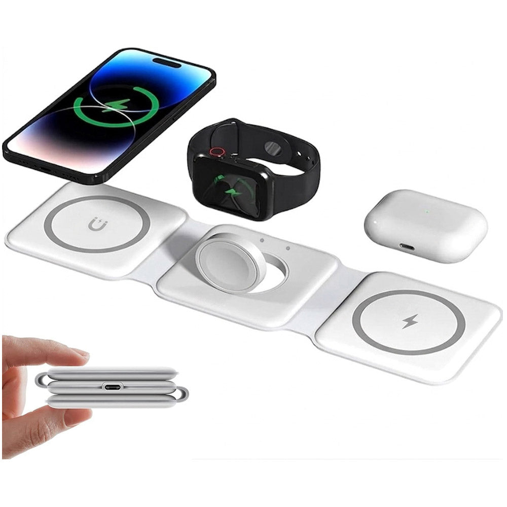 BROLAVIYA® 3 in 1 Magnetic Foldable 15W Wireless Charging Station for iPhone 17/16/15/14/13/12/11 Series, Samsung Galaxy S25/S24/S23/S22/S21/S20, Watch & Airpods with Type C Cable, White