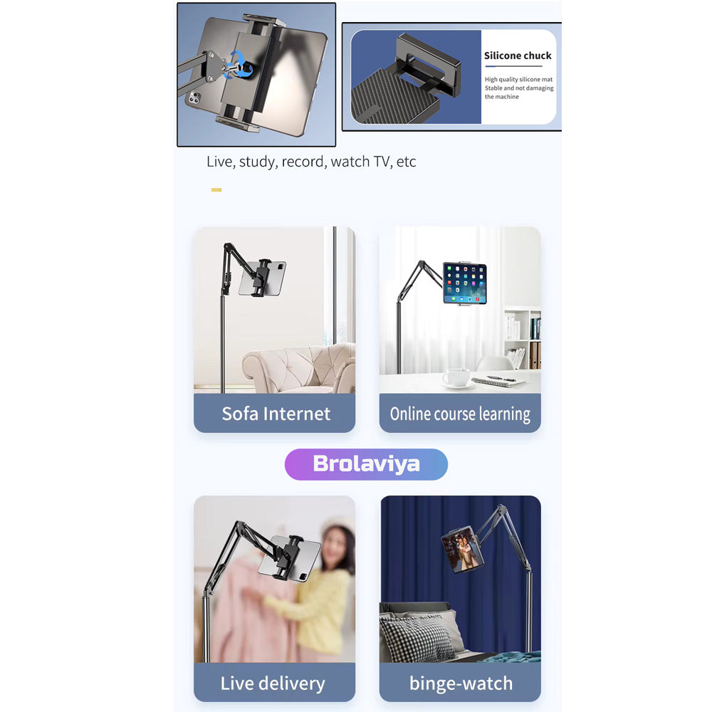 (Renewed) BROLAVIYA® Universal Floor Tripod Stand For 4-10.2 Inch with Gooseneck Clip Lazy Arm For Mobiles and Tablets
