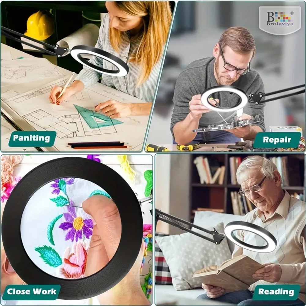 BROLAVIYA® Overhead Heavy Base 5X Magnifying Glass with LED Light and Stand, 3 Color Modes Dimmable, Flexible Metal Arm, Magnifier Desk Lamp for Crafts, Makeup, Reading, Photography – Black