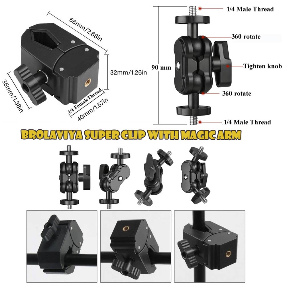 BROLAVIYA® Super Clamp with Dual Ball Head Magic Arm, Mobile Bracket with 1/4 Threads, for Desk Tripod Tube Crossbar Gimbal Rods Compatible with Smartphones, DSLR Camera, Tripod, Ring Lights