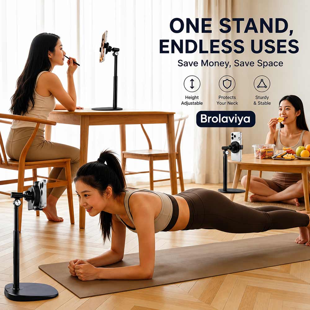 BROLAVIYA® 2-in-1 Magnetic & Clip Phone Stand for Desk, Adjustable Height Mobile Holder, MagSafe-Compatible Mount with Phone Clamp, 360° Rotation for Live Streaming, Recording, Video Calls & Cooking