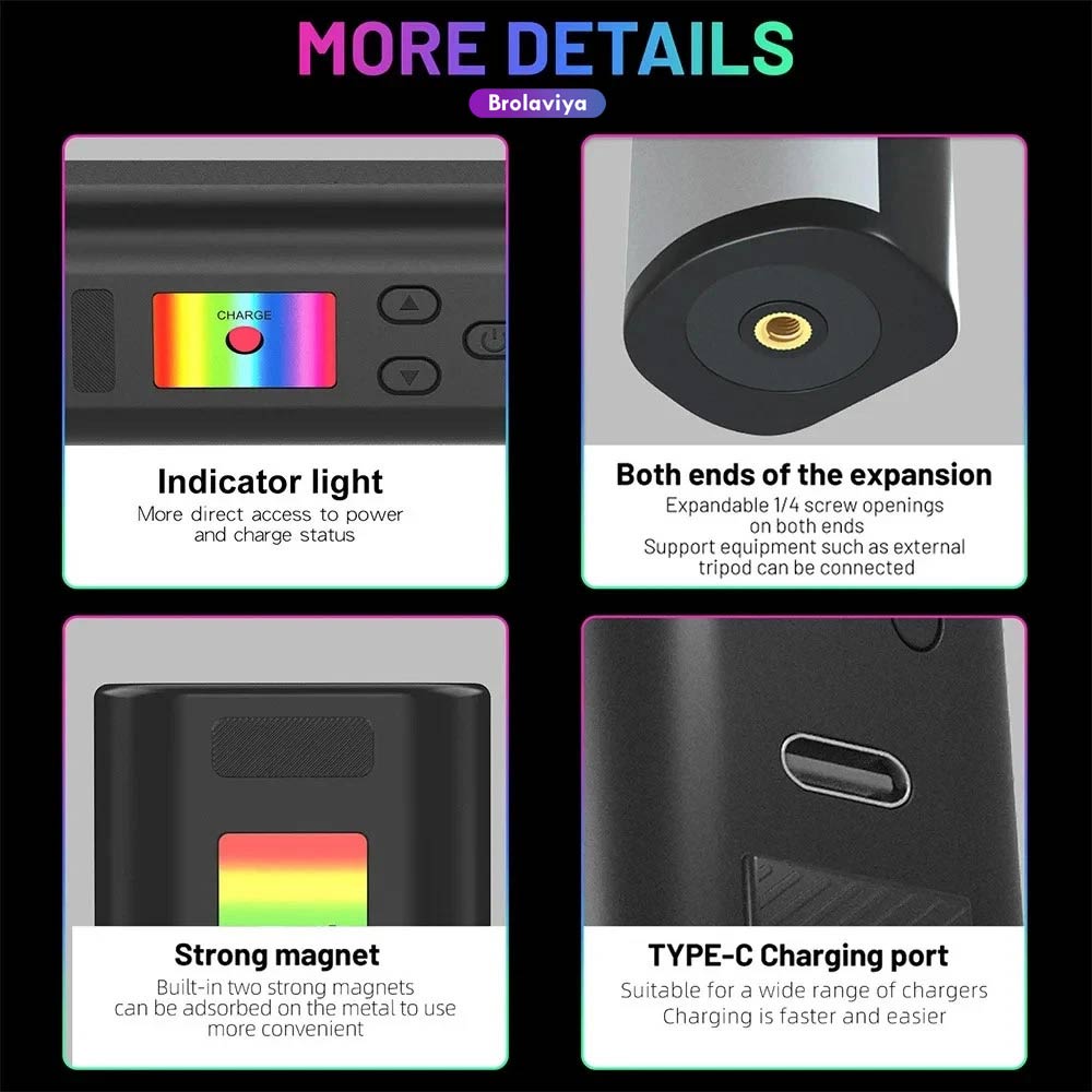 BROLAVIYA® Magnetic RGB Video Rechargeable Pocket Light, Wand Handheld LED Fill Lamp 2500K-7000K Dimmable, RGB Lighting Effects Video Conference Light for Computer Tablet Mobile Phone DSLR Camera
