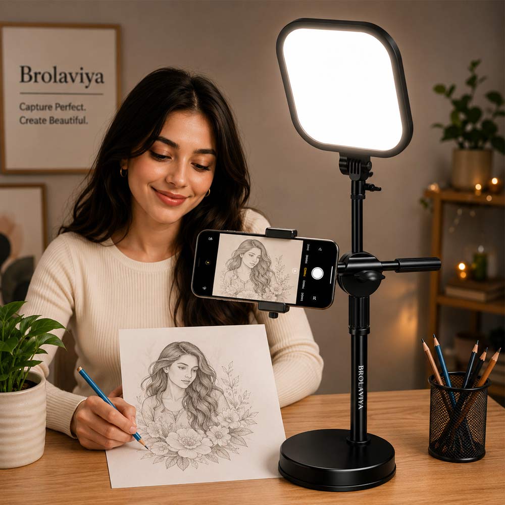 BROLAVIYA® Overhead Phone Stand with LED Fill Slab Light, 360° Rotating Phone Holder, Desk Stand for Reading, YouTube, Reels, Cooking Videos, Recording & Content Creation