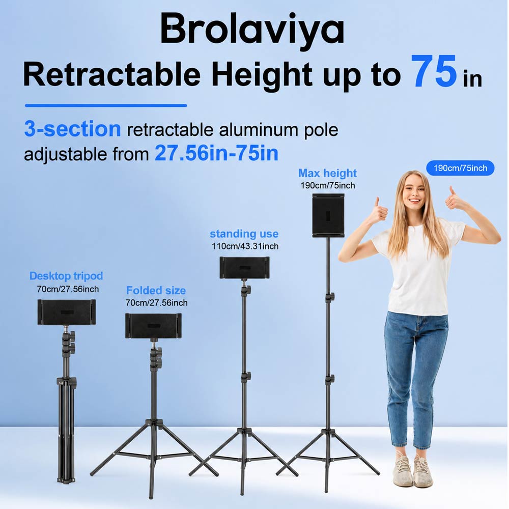 BROLAVIYA® Tablet Tripod Floor Stand, Adjustable up to 75″, Fits 4.7″-12.9″ Phones & Tablets, Compatible with iPad Pro/Air/Mini, Galaxy Tab, for Live Streaming, Office, Cooking & Fitness