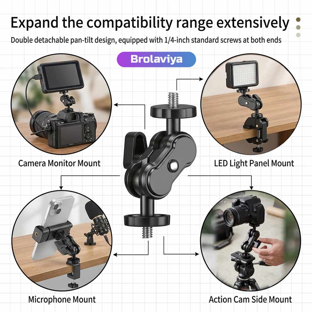 BROLAVIYA® Dual Ball Head Magic Arm Mount with 1/4″ Standard Screws, 360° Rotatable Universal Bracket for DSLR Camera Monitor, LED Video Light, Microphone and Action Cam Support