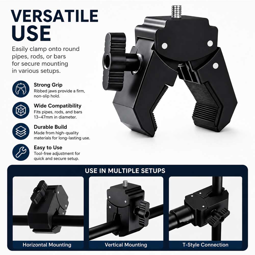 BROLAVIYA® Camera Super Clamp with Male 1/4"-20 Screw Mount, Adjustable Crab Clamp for Photography Equipment, Monitor, LED Light, Action Camera, Fits 13-47mm Pipes, Rods & Bars