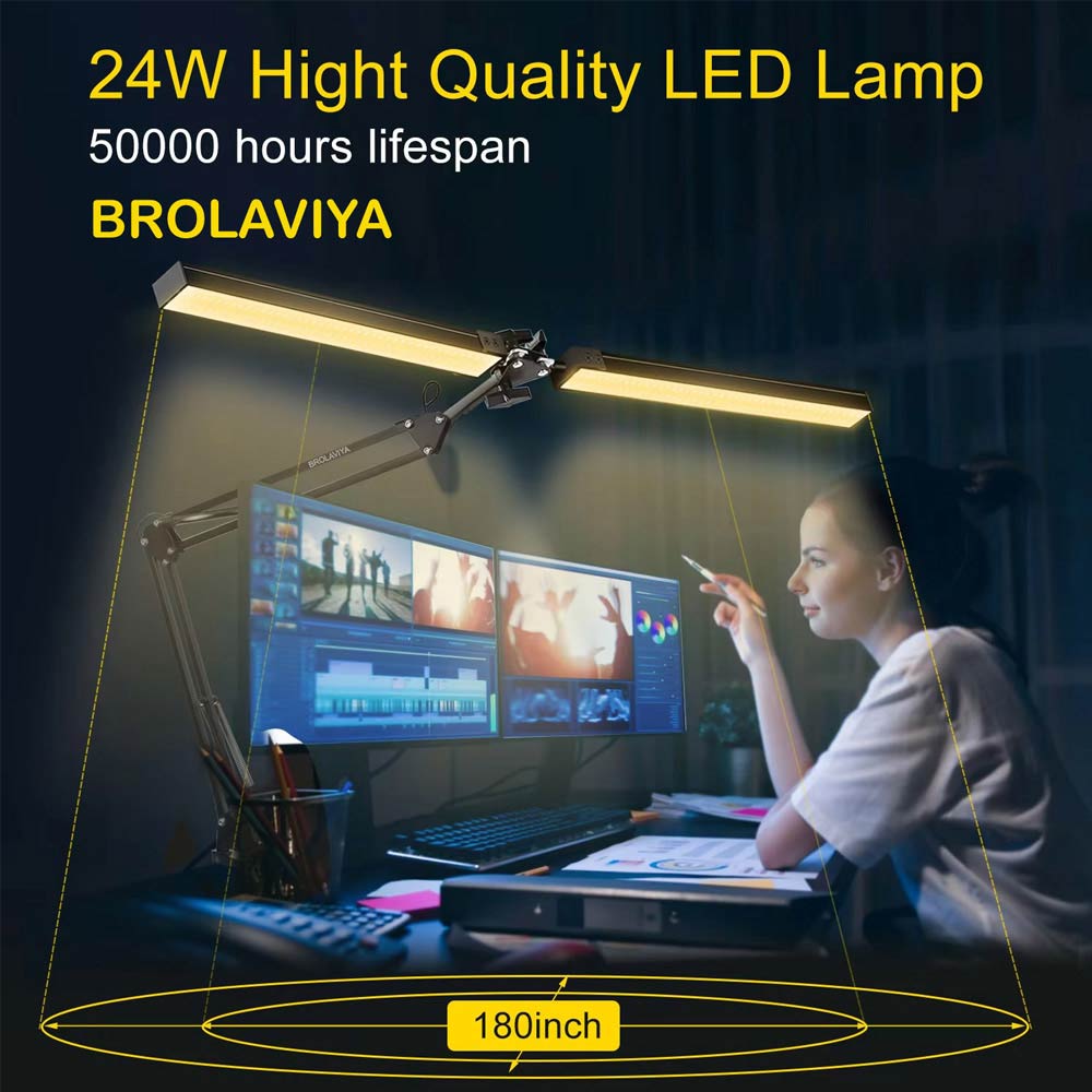 BROLAVIYA® Overhead New Double Head LED Desk Lamp Light with Metal Arm Table Lamp Stand, 3 Lighting Modes, Dimmable with 12V Power Adaptor for Home, Office, Desktop, Bedroom, Reading