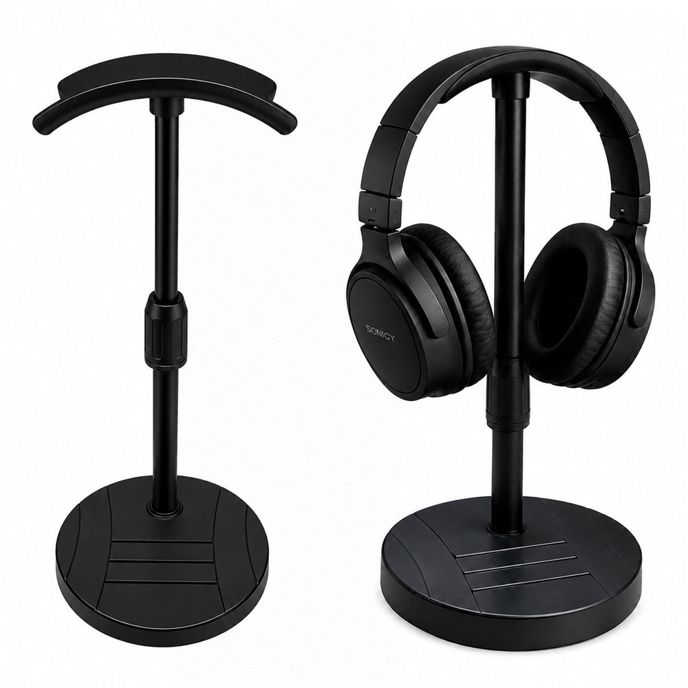 BROLAVIYA® Headphone Stand for Desk, Adjustable Height Headset Holder with Built-in Phone Stand, Universal Gaming Headphone Stand, Stable Weighted Base for Over-Ear & On-Ear Headphones, Black
