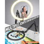 BROLAVIYA® No Shadow Overhead Video Mobile Stand with Extra Long Metal Arm, 10 inch Selfie Ring Light, 2 Way Base Clamp 1/4" Adaptor for Camera, GoPro and Mobile Bracket for Desktop, Bedroom, Office
