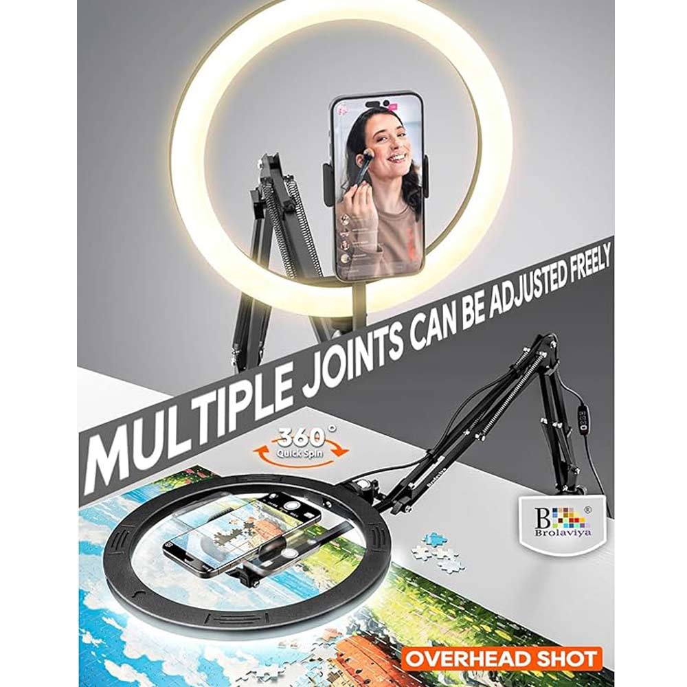 BROLAVIYA® No Shadow Overhead Video Mobile Stand with Extra Long Metal Arm, 10 inch Selfie Ring Light, 2 Way Base Clamp 1/4" Adaptor for Camera, GoPro and Mobile Bracket for Desktop, Bedroom, Office