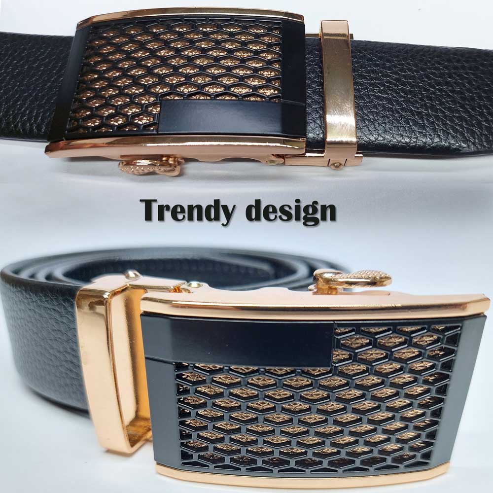 BROLAVIYA® Universal Adjustable Automatic Ratchet Buckle Mens Belt, Length 110 CM, Gold Grill Style