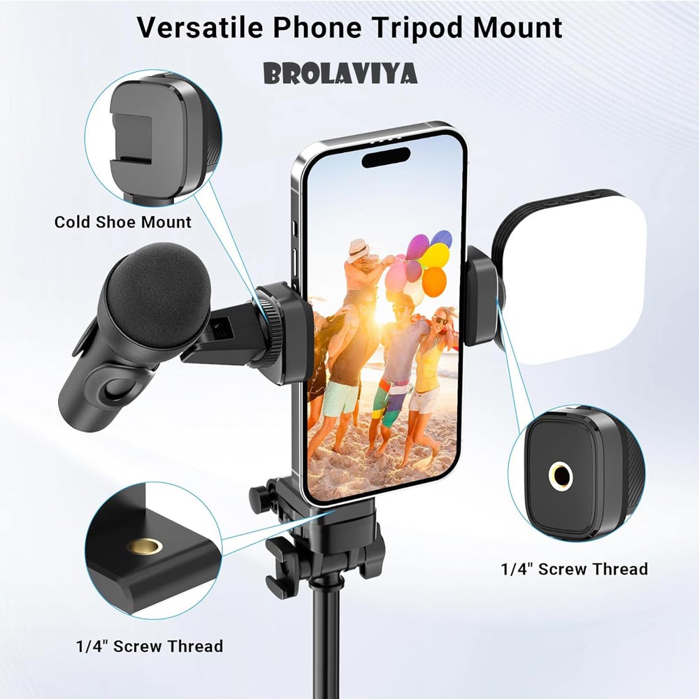 BROLAVIYA® Mobile Tripod Mount with 1/4" Screw Thread, 360° Rotate 180° Tilt Phone Holder with Cold Shoe, Versatile Mount Adapter for iPhone, Tripod, Selfie Stick, Camera Stand