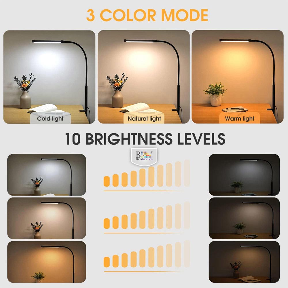 BROLAVIYA® Overhead Flexible LED Long Desk Lamp Light with Clamp, 3 Modes, 10 Brightness, Eye-Caring, Long Flexible Gooseneck For Home, Office, Desktop, Bedroom, Reading Black