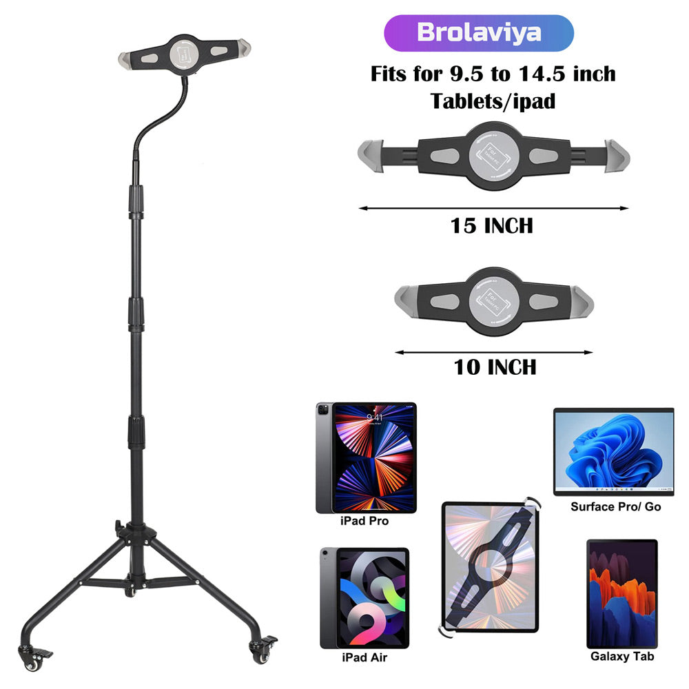 BROLAVIYA® Tablet Tripod Floor Stand with Wheels and Adjustable Gooseneck Mount for Home, Office, Stage for All 9.5~14.5 Diagonal inches Large Display Devices iPad, iPad Pro, Galaxy Tab, Surface Pro