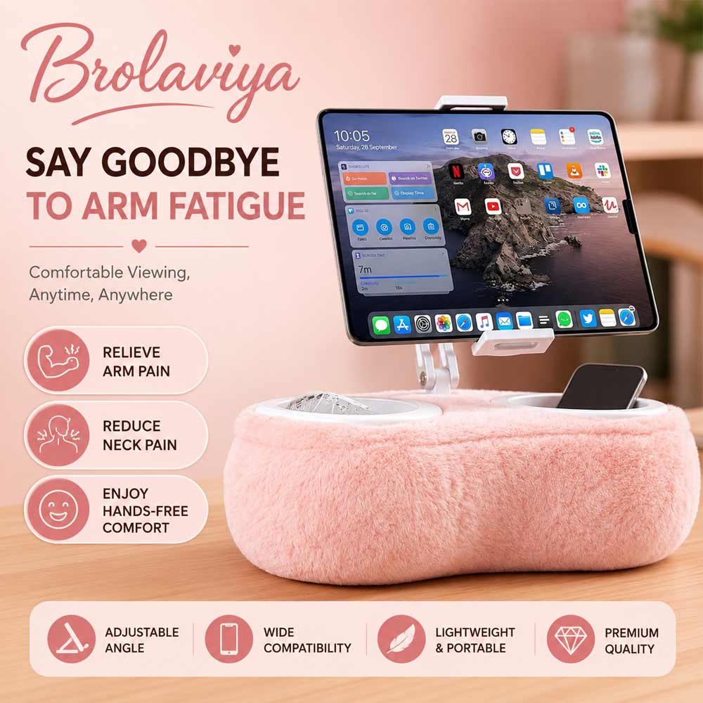 BROLAVIYA® Plush Tablet Holder Pillow with Adjustable Phone & Tablet Stand, Hands-Free Lap Desk with Dual Snack Bowls, Soft Portable Holder for Bed, Couch & Travel, Fits 4.7″–12.9″ Devices