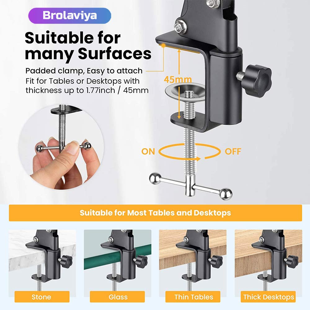 BROLAVIYA® Desk Base Clamp Mount for Microphone Boom Scissor Arm, Table C Clip for Articulating Arm Stand Or Mic Stand Fits Up to 1.77 inch 4.5 cm Thickness