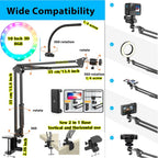 BROLAVIYA® Overhead Video Mobile Stand, Crystal 3D LED 10 Inch RGB Ring Light, 2 Way Base Clamp, 1/4" Ball Head For Camera, Webcams, with Flexible Clip Arm