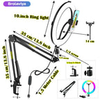 BROLAVIYA® Overhead Video Mobile Stand With RGB Color 10 Inch Ring Light, Metal Arm, 1/4" Male Adaptor For Camera, Gopro, Mobile Bracket For Video, Desktop, Bedroom, Office
