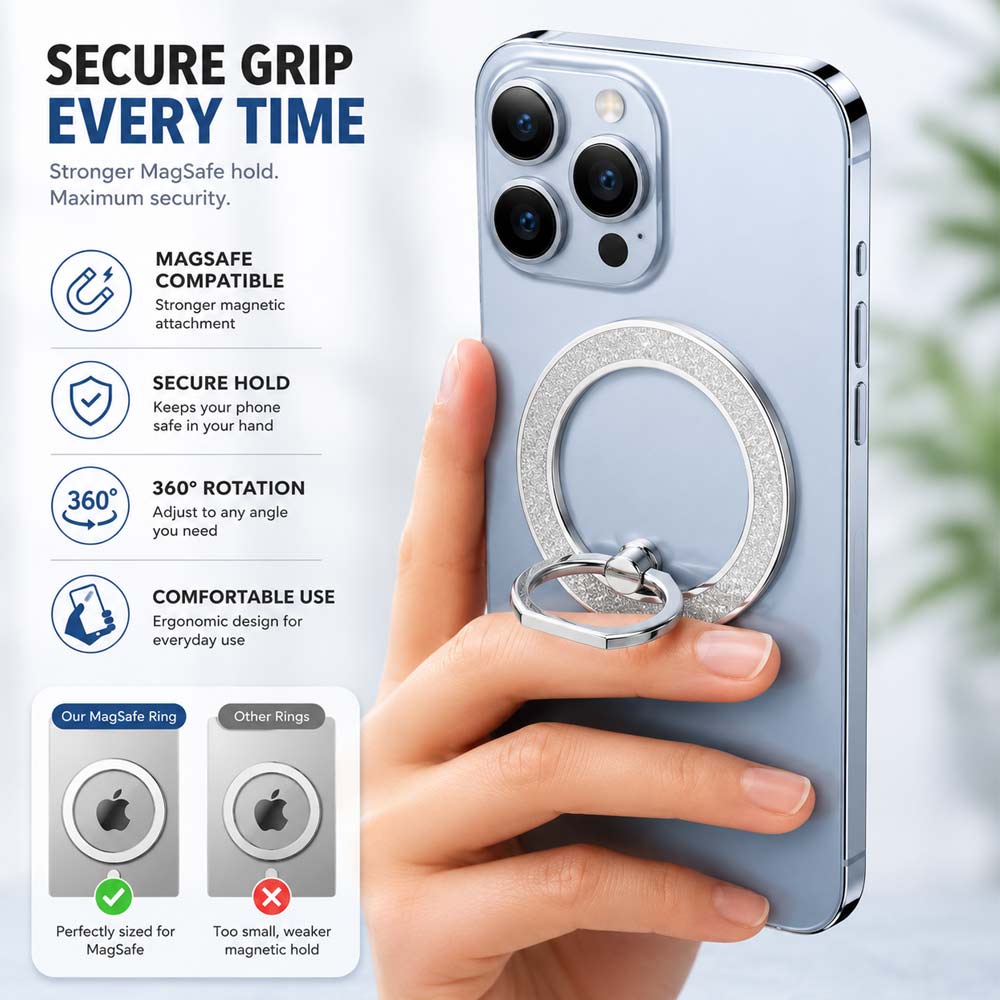 BROLAVIYA® Magnetic Phone Ring Holder Grip, Ultra Slim Metal Finger Ring Stand with 360° Rotation, Strong Magnet, Kickstand for iPhone 16/15/14/13/12 Series & Magnetic Compatible Cases, Silver