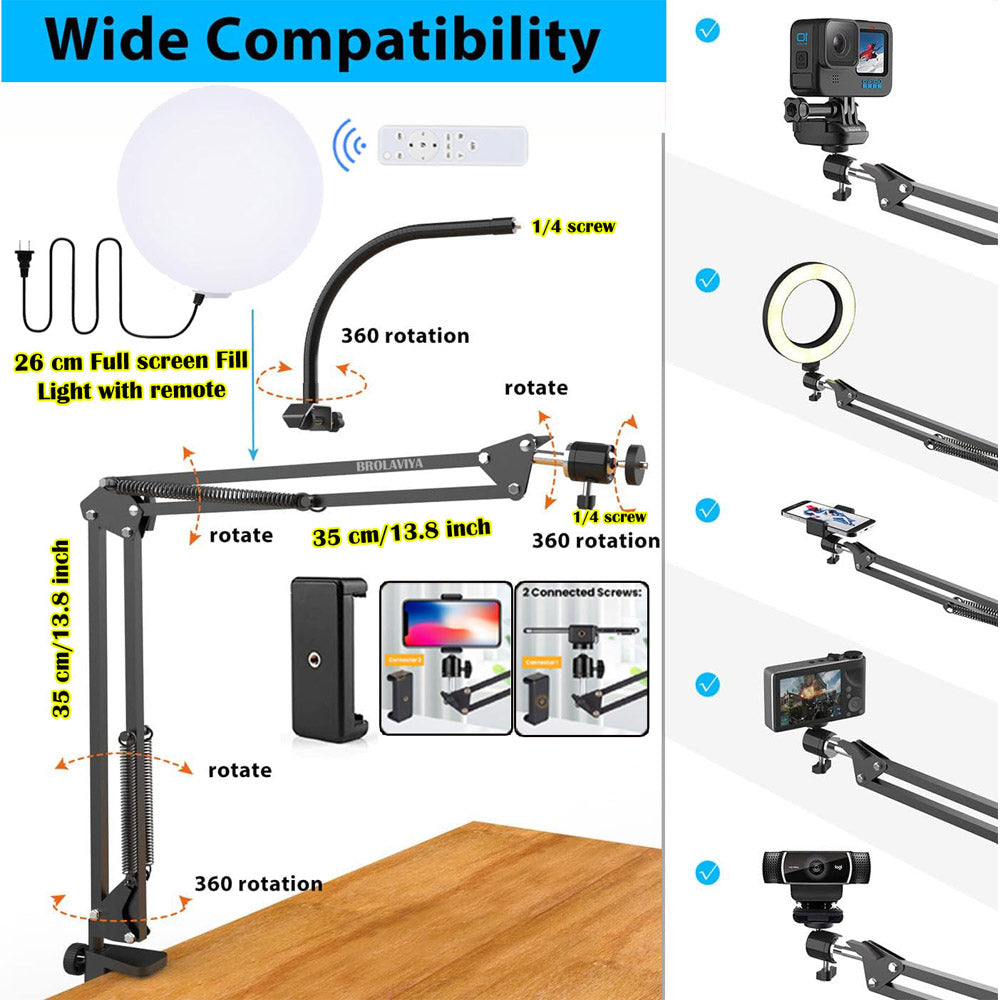 BROLAVIYA® Overhead Video Mobile Stand with Full Screen Fill 10 inch Ring Light with Remote Control, Metal Arm, 1/4" Ball Head for Camera, Gopro with Mobile Bracket and Flexible Clip Arm