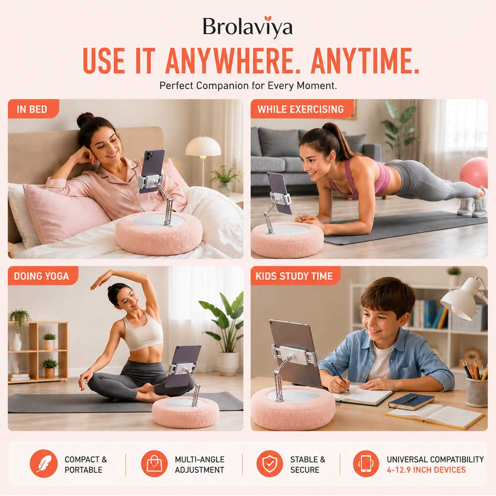 BROLAVIYA® Phone & Tablet Pillow Stand, Adjustable 360° Rotating Holder for 4–12.9 Inch Devices, Detachable Foldable Arm, Soft Lap Desk Cushion with Snack Tray, for Bed, Sofa, Desk & Travel