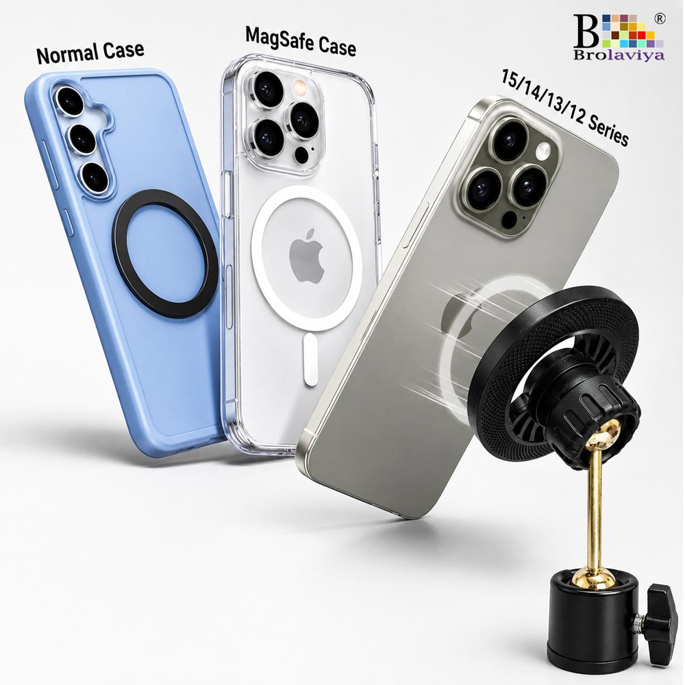 BROLAVIYA® Magnetic Phone Holder with 1/4″ Interface Thread, Adjustable Ball Head, MagSafe Compatible Tripod Adapter, 360° Rotation, for Tripods, Monopod & Camera and Ring Light Accessories