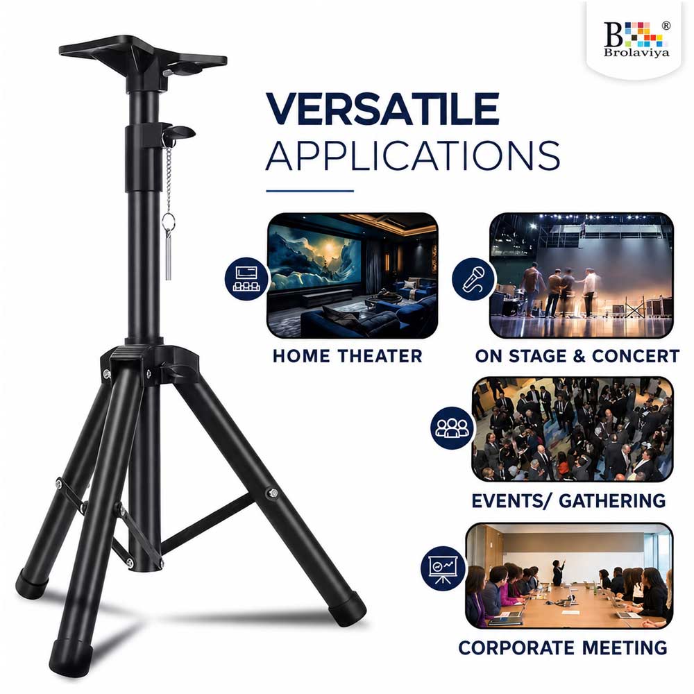 BROLAVIYA® Universal Speaker Stand, Height Adjustable Tripod Speaker Stands with Mounting Plate, Heavy Duty Metal for PA Speakers, Studio Monitors, DJ Equipment, Home Theater & Events