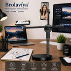 BROLAVIYA® Multi-Function Desktop Dual Phone Stand with Overhead Camera Mount, 360° Rotating Adjustable Arm, Height Adjustable Mobile Holder for YouTube, Reels, TikTok Video Recording, Online Classes, Cooking, Drawing, Live Streaming & Content Creation