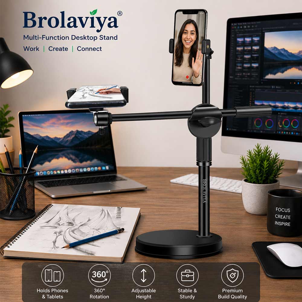 BROLAVIYA® Multi-Function Desktop Dual Phone Stand with Overhead Camera Mount, 360° Rotating Adjustable Arm, Height Adjustable Mobile Holder for YouTube, Reels, TikTok Video Recording, Online Classes, Cooking, Drawing, Live Streaming & Content Creation
