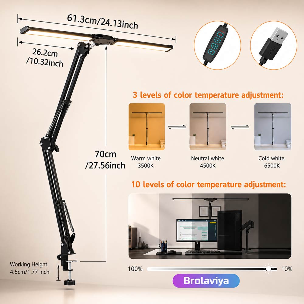 BROLAVIYA® Architect Double Head LED Desk Lamp Overhead Light, 3 Color Mode, 10 Levels Dimmable Brightness, Metal Body, Eye Protection Desk Light for Office, Study, Reading, Computer Workstation