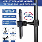 BROLAVIYA® 360° Adjustable Mobile Holder for Pipe & Rod Mount, Flexible Gooseneck Phone Clip Bracket, Universal Smartphone Holder for Camera, Tripod, Ring Light, Boom Arm, Black, 1 Piece