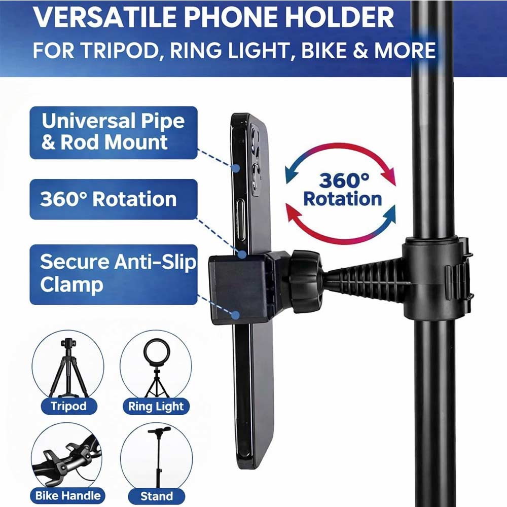 BROLAVIYA® 360° Adjustable Mobile Holder for Pipe & Rod Mount, Flexible Gooseneck Phone Clip Bracket, Universal Smartphone Holder for Camera, Tripod, Ring Light, Boom Arm, Black, 1 Piece