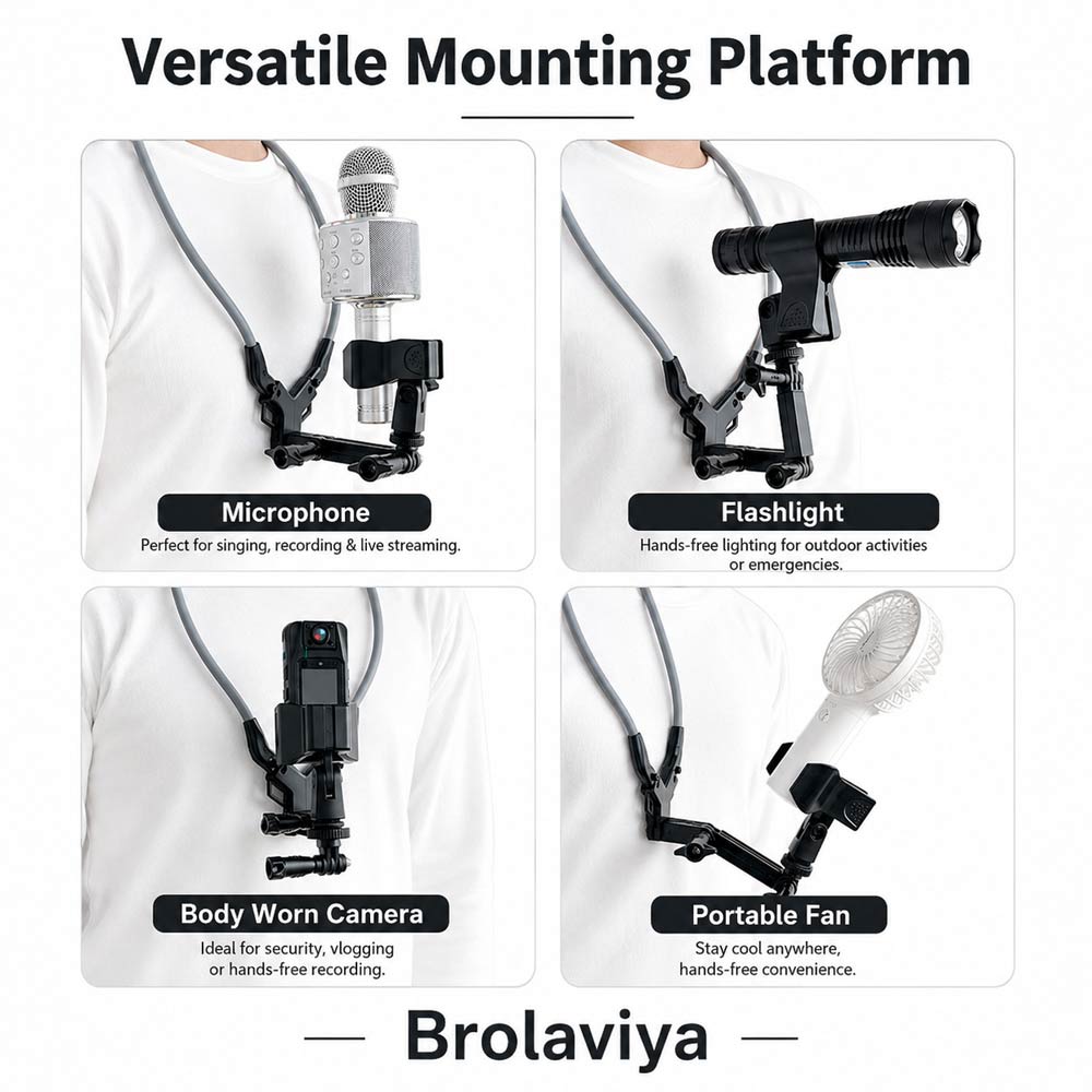 BROLAVIYA® Silicone Neck Clip Holder Mount, Hands-Free Wearable Neck Stand with Adjustable Clamp, Universal Chest Mount with 1/4 Head for Vlogging, Recording, Live Streaming, Reading, DIY & Travel