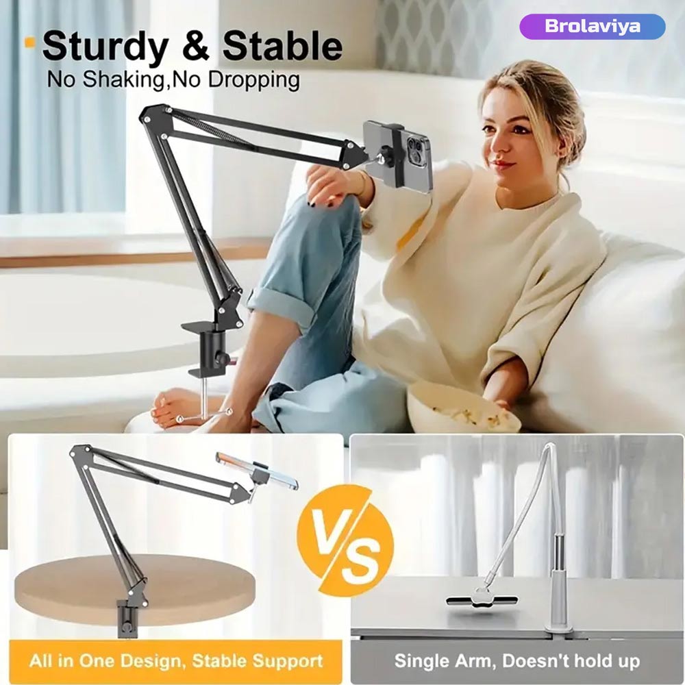 BROLAVIYA® Ovehead Mobile Phone Stand, Gooseneck Flexible Clip Lazy Arm Bracket for Both Mobiles and Tablets fits Device 4 - 10 Diagonal Inch For Overhead Video, Desktop, Bedroom, Office, Kitchen