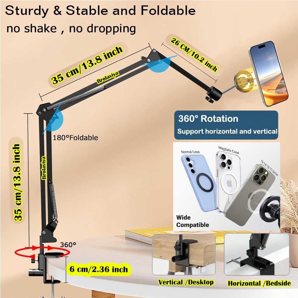 BROLAVIYA® Overhead Video Mobile Stand, New Magnetic Bracket with Extra Long Arm, 1/4" Hea - Image 3