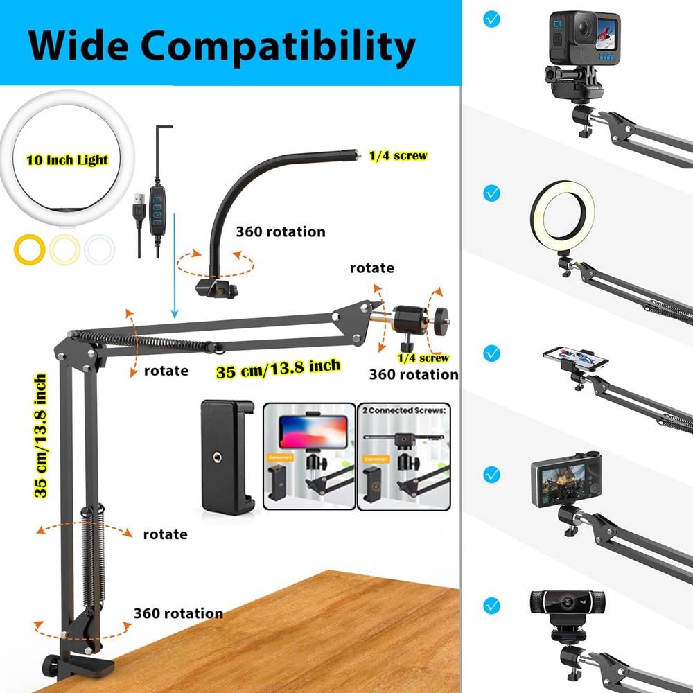 BROLAVIYA® Overhead Video Mobile Stand with 10 Inch Ring Light, Metal Arm, 1/4" Ball Head  - Image 6