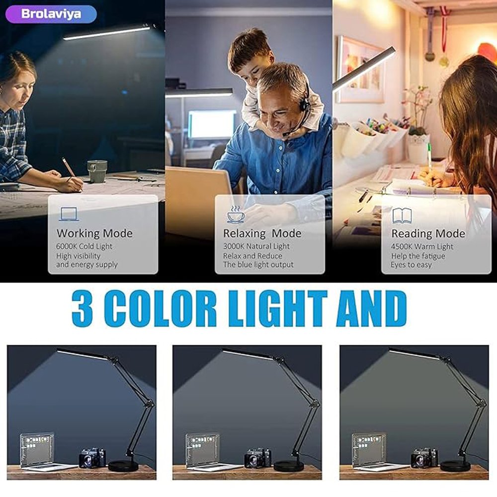 BROLAVIYA® Heavy Base LED Desk Lamp Light with Metal Arm Table Lamp Stand, 3 Lighting Mode - Image 3