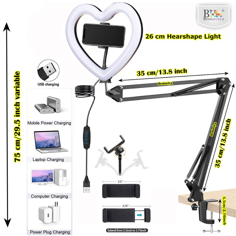 BROLAVIYA® Overhead Video Mobile Stand with Heart Shape 26cm Ring LED Light, Metal Arm, 1/ - Image 8