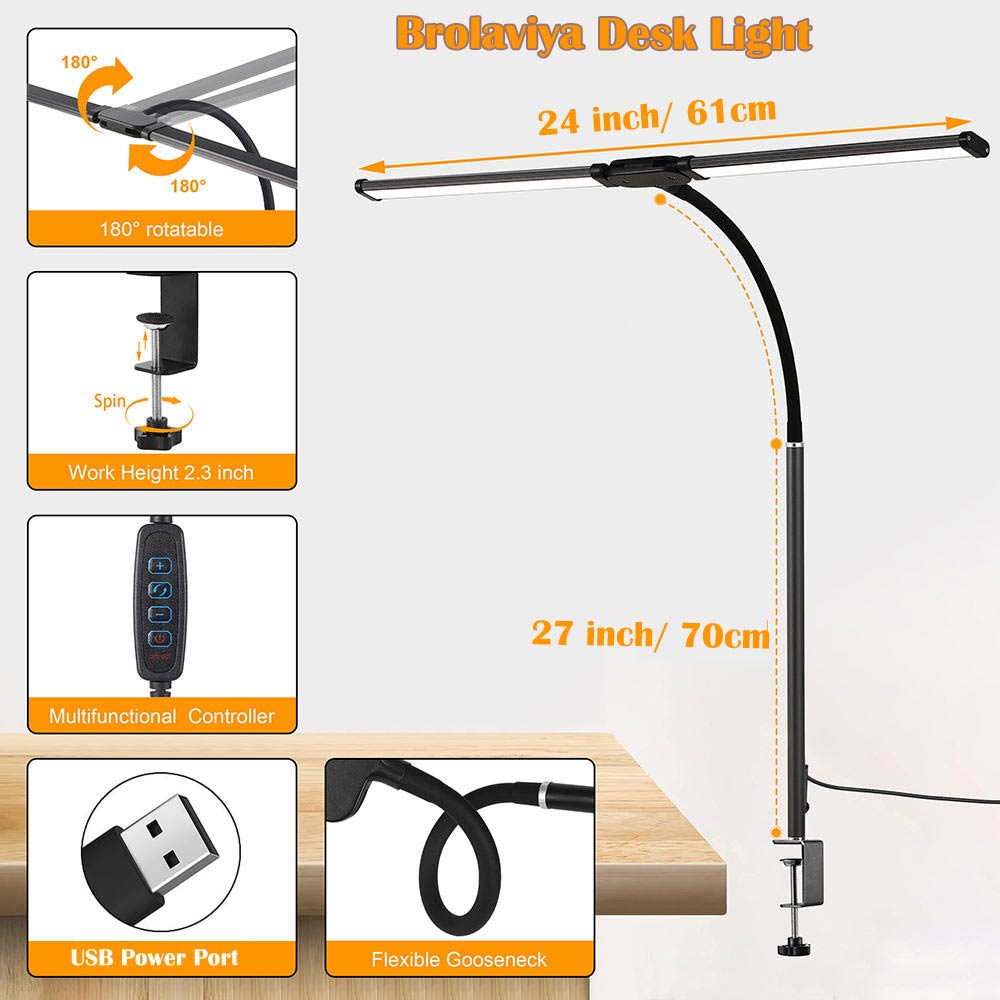 BROLAVIYA® Overhead LED 2 Head Dimmable Desk Lamp Extra-Long Height Light with Multi-Angle Rotation, 3 Lighting Modes for Home, Office, Desktop, Bedroom, Reading etc