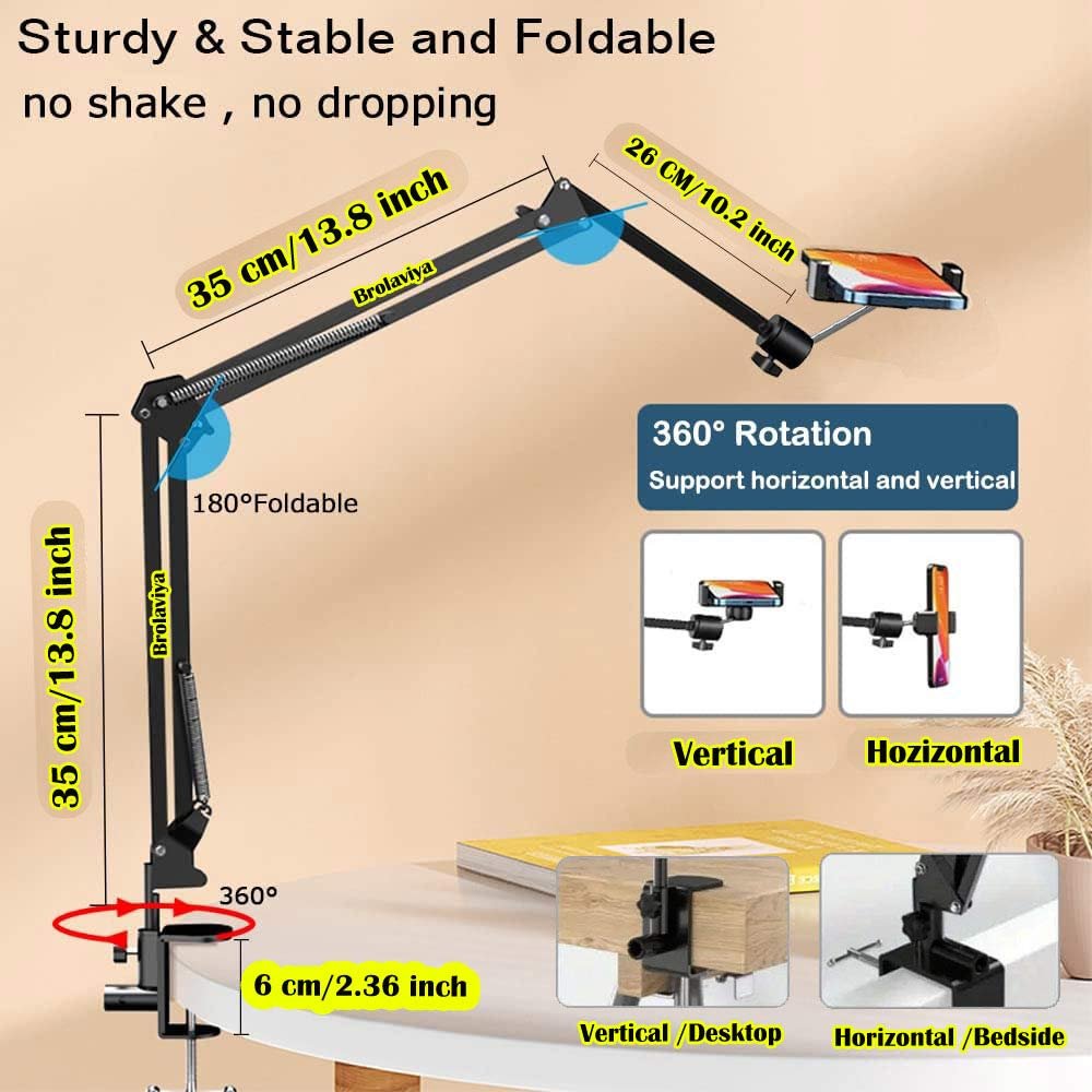 BROLAVIYA® Overhead Video Mobile Stand, New Extra Long Arm, 1/4" Head 2 Way Base Clamp and - Image 3