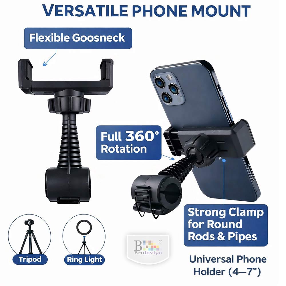 BROLAVIYA® 360° Adjustable Mobile Holder for Pipe & Rod Mount, Flexible Gooseneck Phone Clip Bracket, Universal Smartphone Holder for Camera, Tripod, Ring Light, Boom Arm, Black, 1 Piece