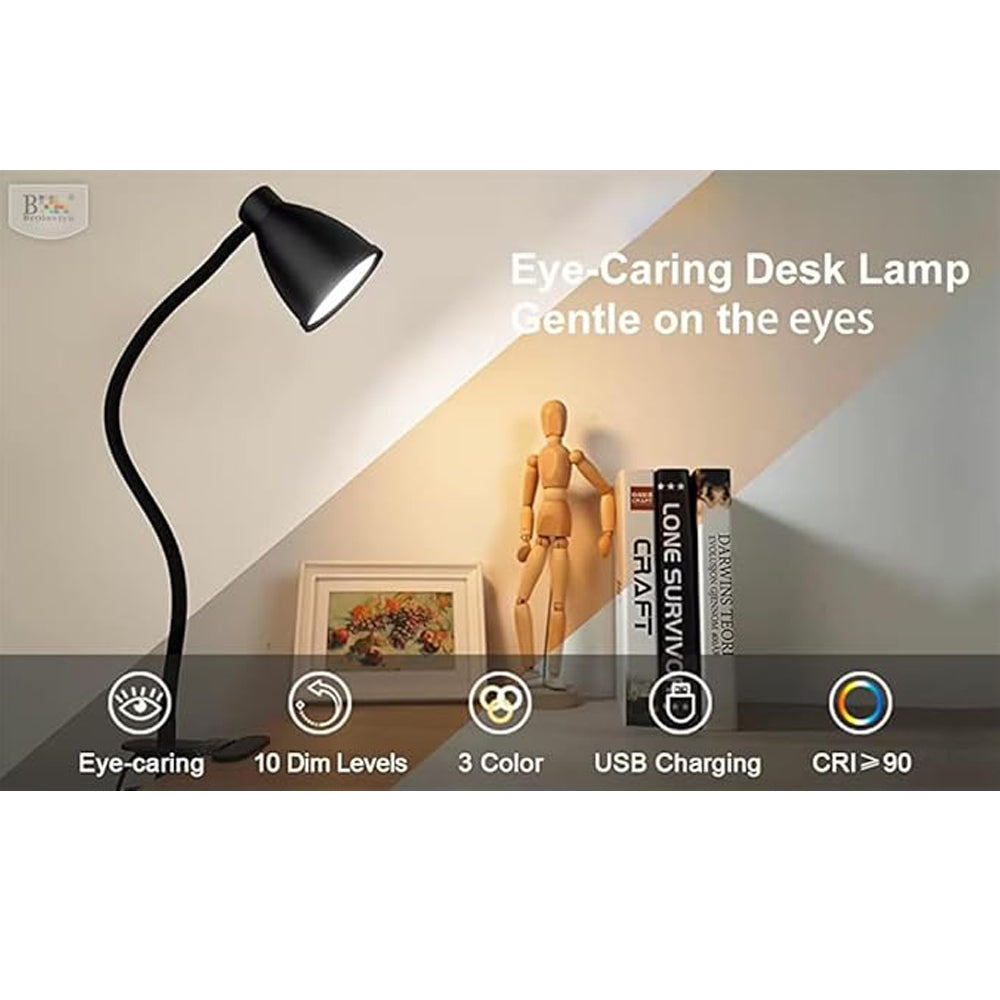 BROLAVIYA® 10W LED Reading Desk Light Lamp with USB Powered, 38 LEDs, Gooseneck Clip Metal Body, 3 Color Temperature Modes, 10 Dimming Brightness, Eye-Caring for Bedside Light, Workshop, Desk, Black