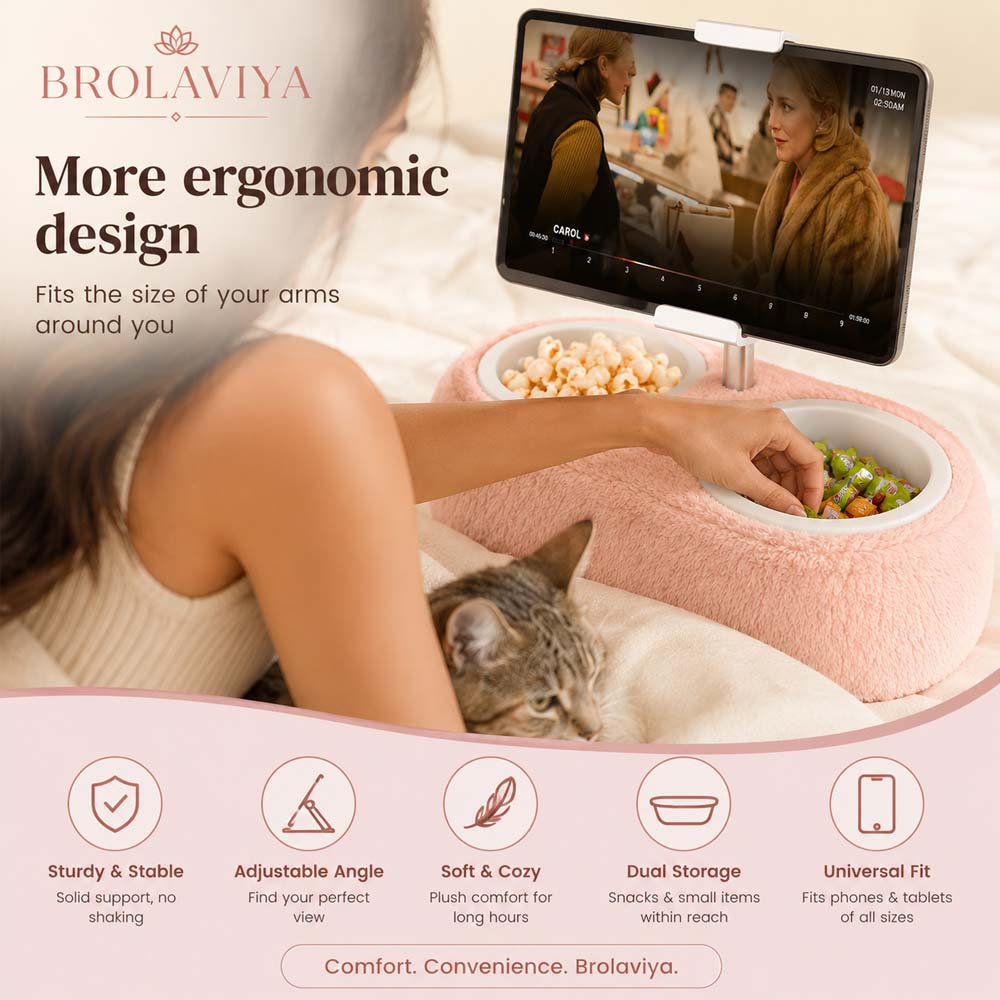 BROLAVIYA® Plush Tablet Holder Pillow with Adjustable Phone & Tablet Stand, Hands-Free Lap Desk with Dual Snack Bowls, Soft Portable Holder for Bed, Couch & Travel, Fits 4.7″–12.9″ Devices