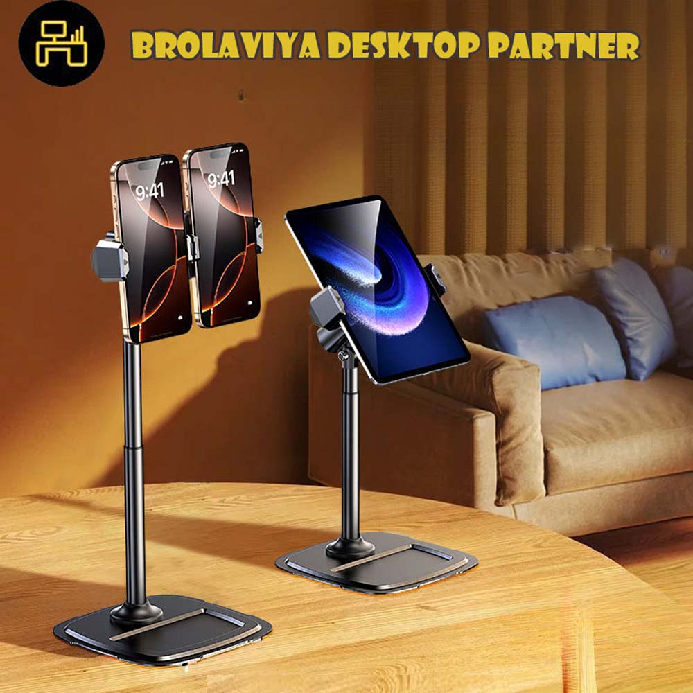 BROLAVIYA® 2 in 1 Metal Body Premium Tablet and Dual Mobile Desktop Stand, Adjustable Height with 360 Rotatable, 5-11” Compatible with iPad 10.9, 10.2, Air Mini 4, 3, 2, Nexus, Kindle, Xiaomi, Black