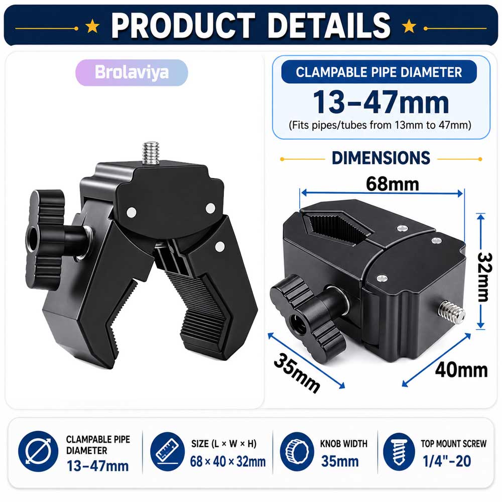 BROLAVIYA® Camera Super Clamp with Male 1/4"-20 Screw Mount, Adjustable Crab Clamp for Photography Equipment, Monitor, LED Light, Action Camera, Fits 13-47mm Pipes, Rods & Bars