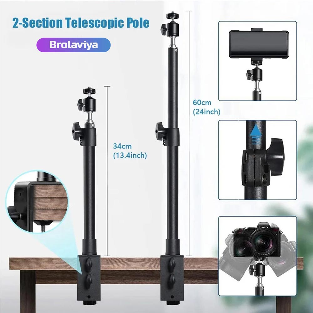 BROLAVIYA® Desk Stand with 1/4″ Screw Mount, Adjustable Desktop Mount for Mobile, Ring Light, Camera, Webcam & LED Video Light, 360° Ball Head, Metal Table Clamp Stand for Live Streaming & Recording