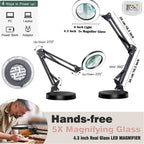 BROLAVIYA® Overhead Heavy Base 5X Magnifying Glass with LED Light and Stand, 3 Color Modes Dimmable, Flexible Metal Arm, Magnifier Desk Lamp for Crafts, Makeup, Reading, Photography – Black