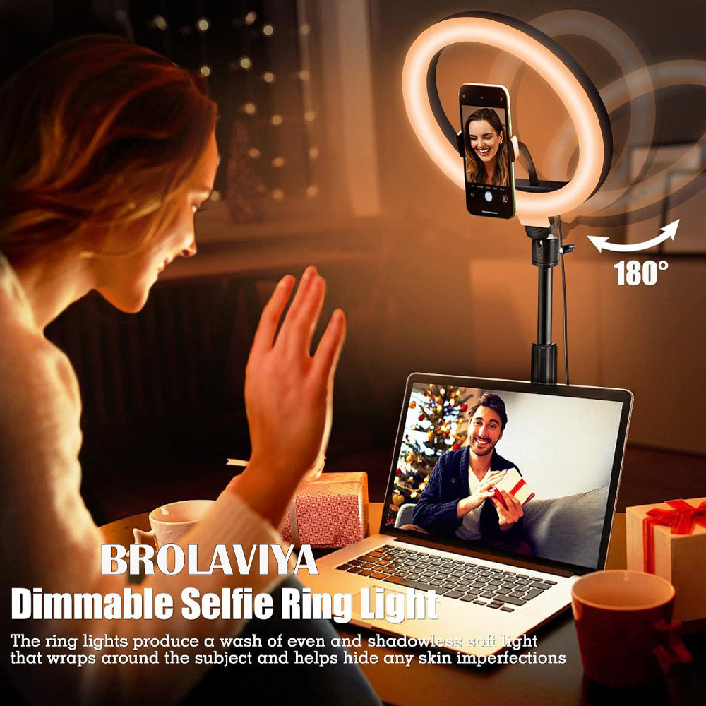 BROLAVIYA® Overhead Video Floor Stand with 10 Inch Ring Light, Metal Arm, 1/4" Ball Head for Camera, Webcam, Gopro with Mobile Bracket for YouTube, Desktop, Bedroom, Office